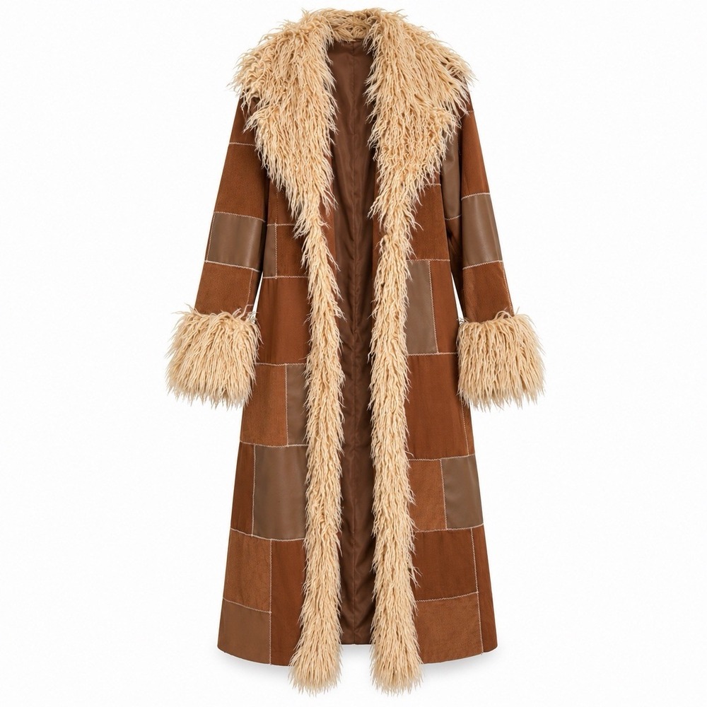 Dolls Kill Current Mood Penny Lane Patchwork Corduroy Faux Leather Long Coat L - Picture 2 of 16